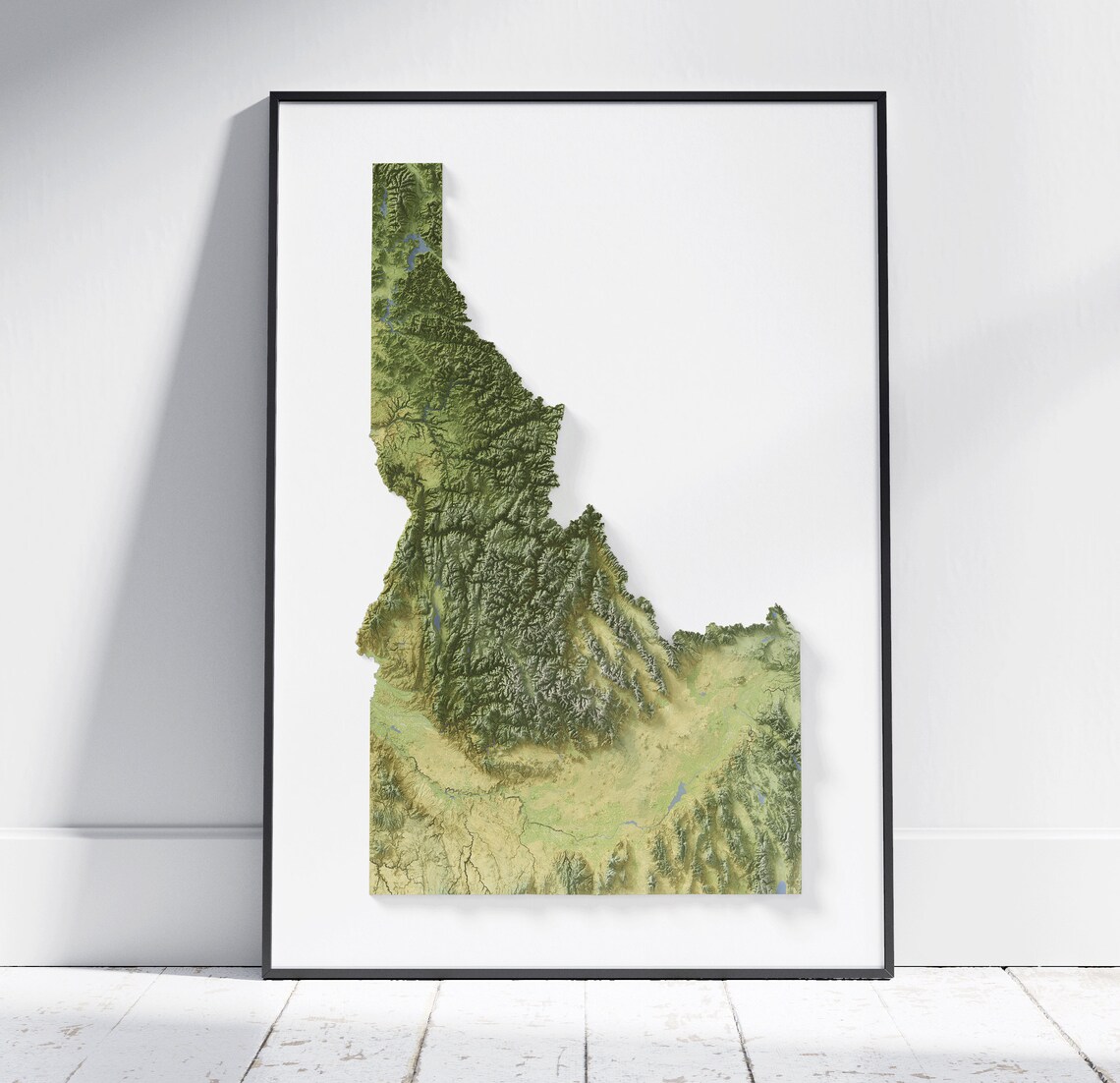 Idaho Topographic Relief Map Green 3D Terrain Minimalist Wall Art