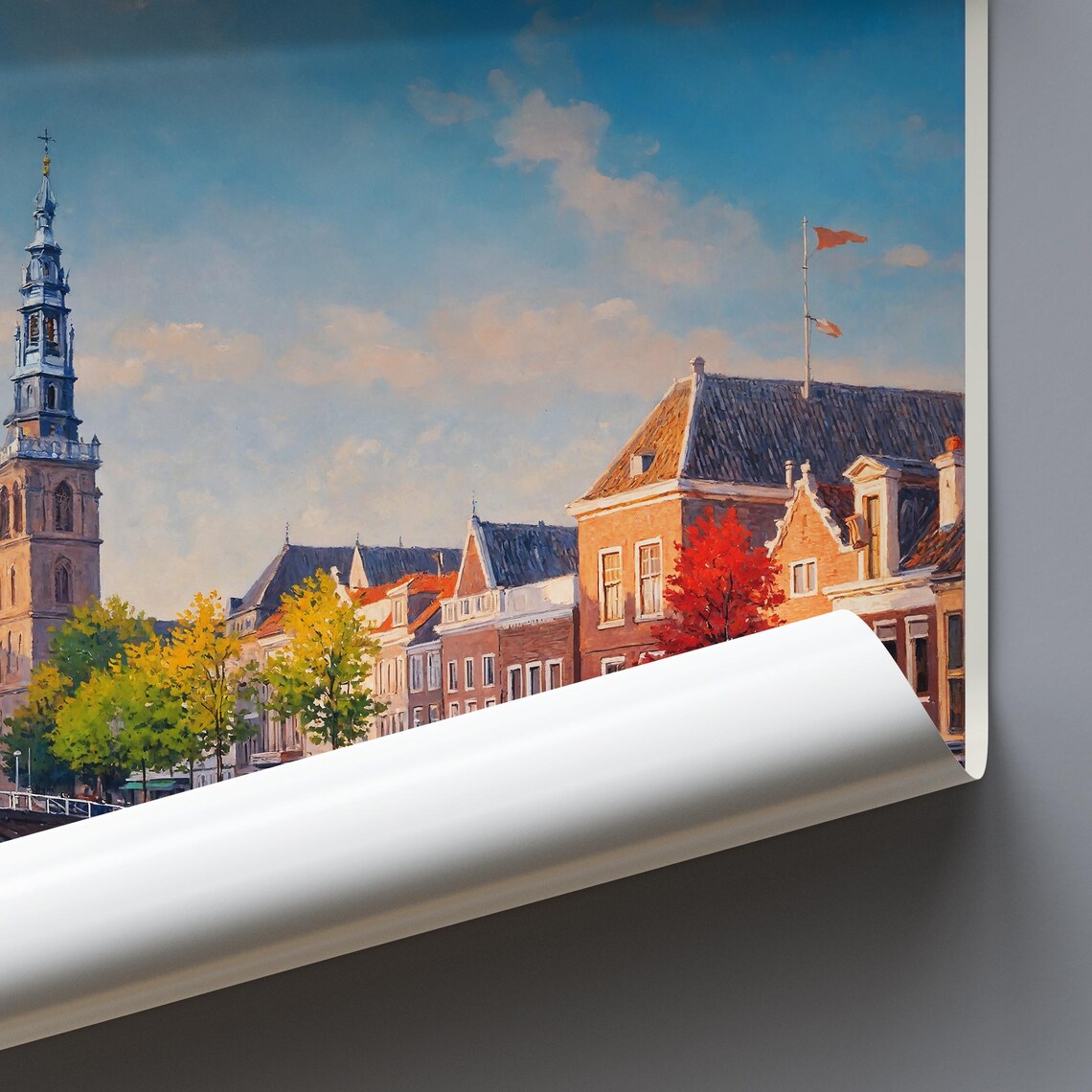 Leiden Netherlands Canal Painted Travel Poster Old Town Church Tower - Image 3