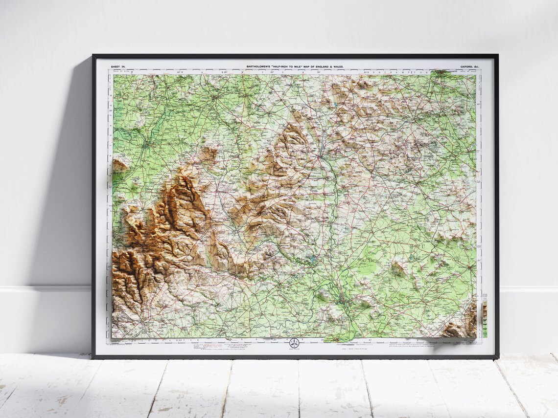 Oxford Cotswolds UK Vintage Atlas Shaded Relief Map Art Poster