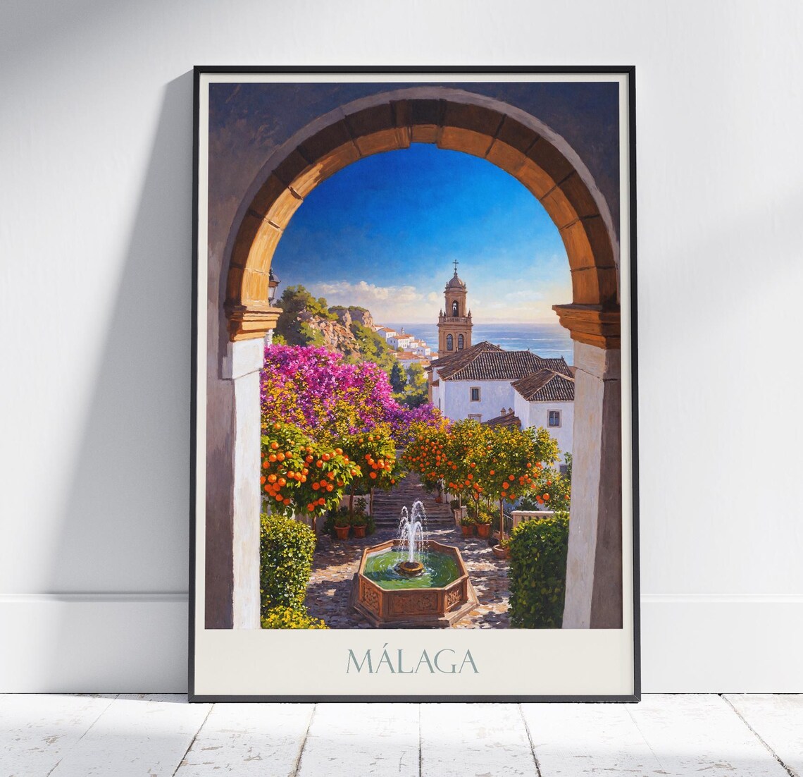 Málaga Painted Archway Orange Grove Seaside Spain Travel Poster