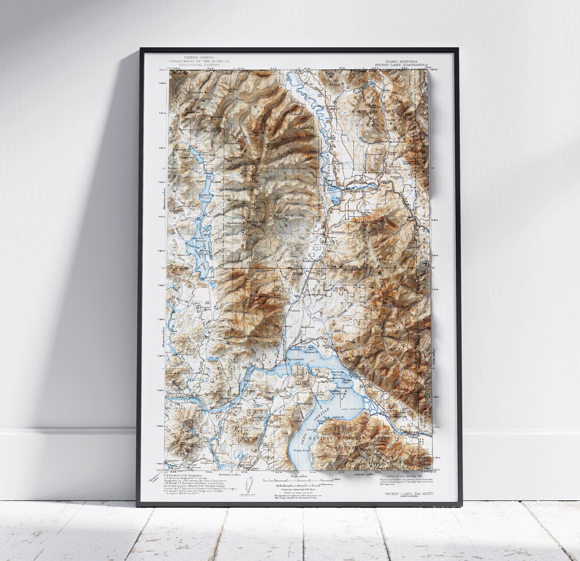 Vintage Idaho Montana Priest Lake Topographic Survey Map Art Poster