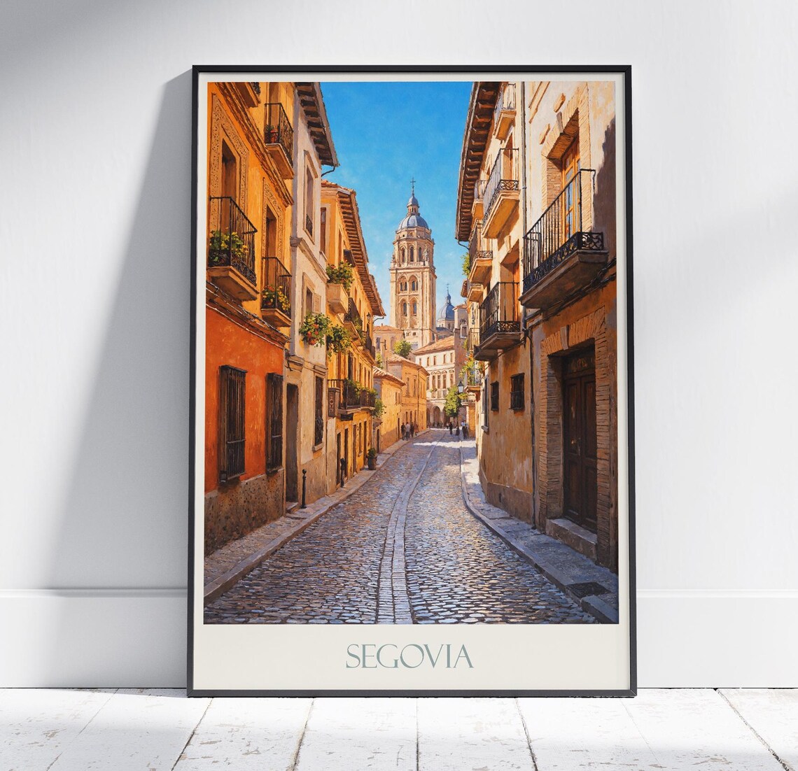 Segovia Old Town Cobblestone Street Church Tower Spain Travel Poster