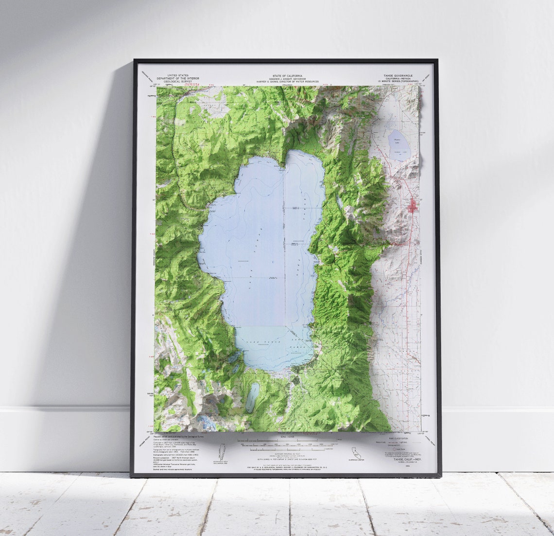 Lake Tahoe California Nevada Shaded Relief Vintage Map Print