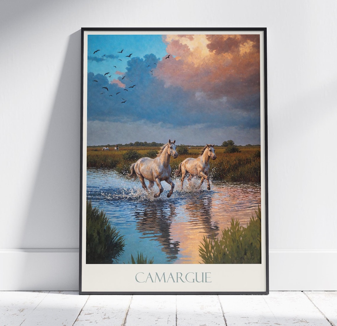 Camargue France White Horses Sunset Marsh Painted Travel Poster