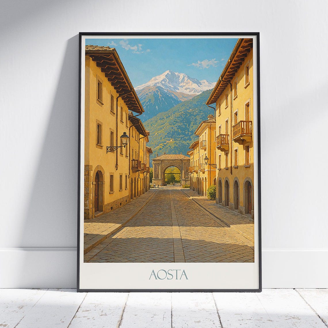 Aosta Italy Old Town Street Archway And Mountain Travel Poster