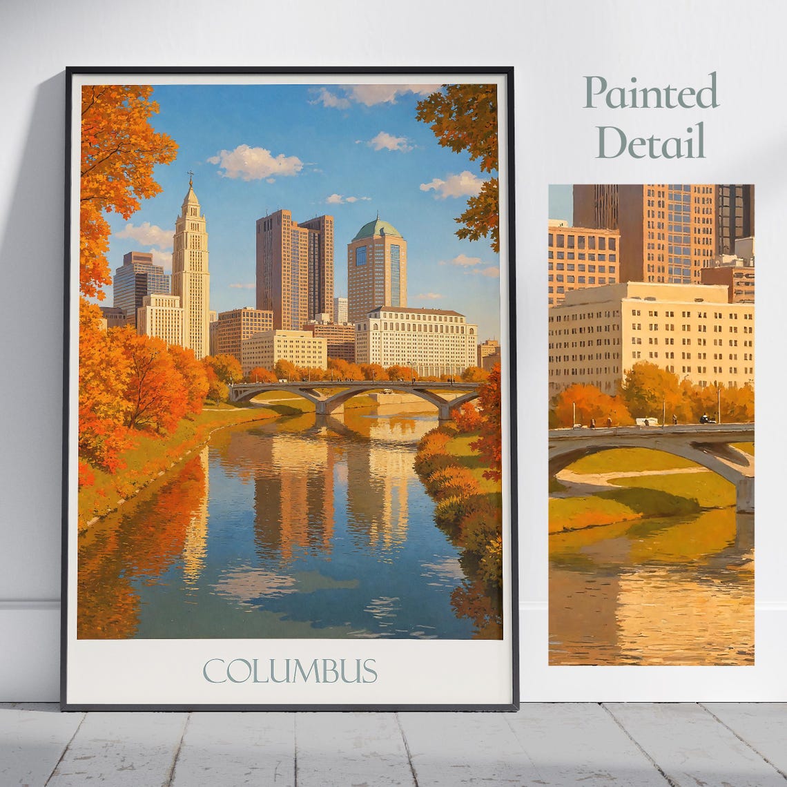 Columbus Ohio Riverbend Skyline Fall Foliage City Travel Poster