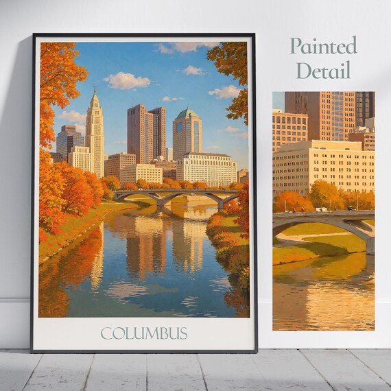 Columbus Ohio Riverbend Skyline Fall Foliage City Travel Poster