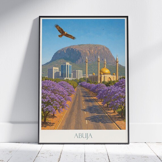 Abuja Cityscape Aso Rock Mosque Jacaranda Nigeria Travel Poster