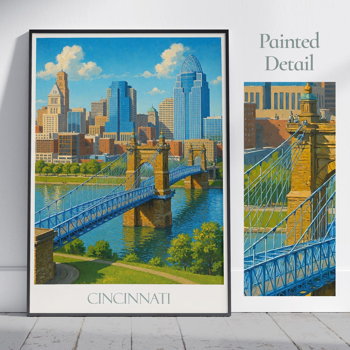 Cincinnati Ohio Skyline Roebling Suspension Bridge Travel Poster