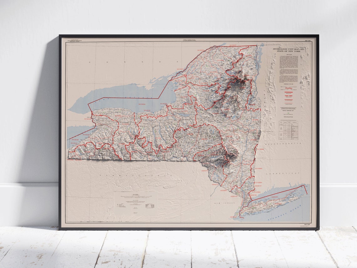 New York State 1975 Vintage Hydrologic Relief Map Wall Poster