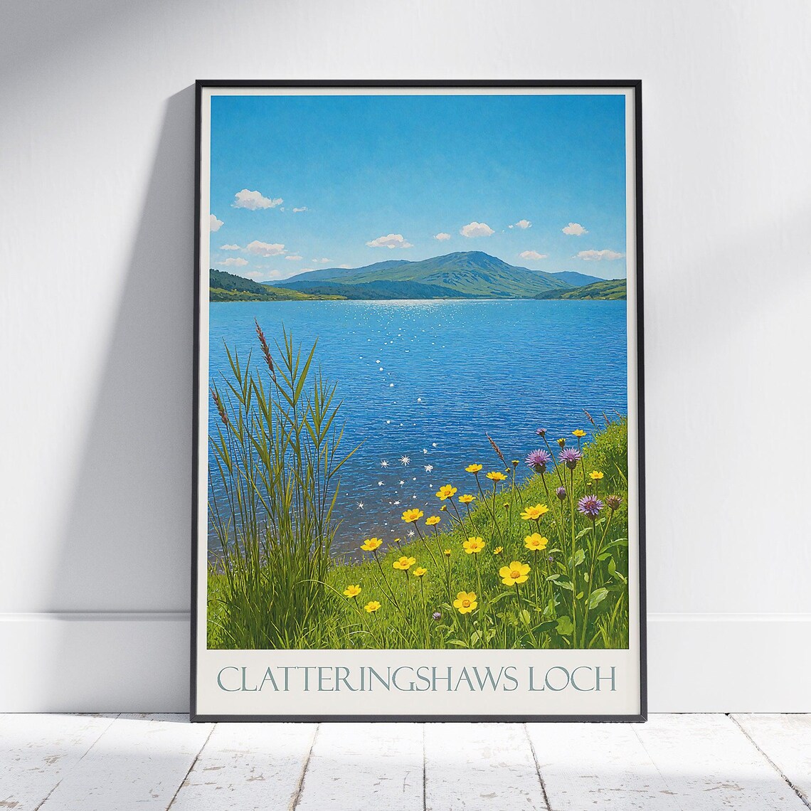 Clatteringshaws Loch Scotland Travel Poster Lake Wildflower Shore Art