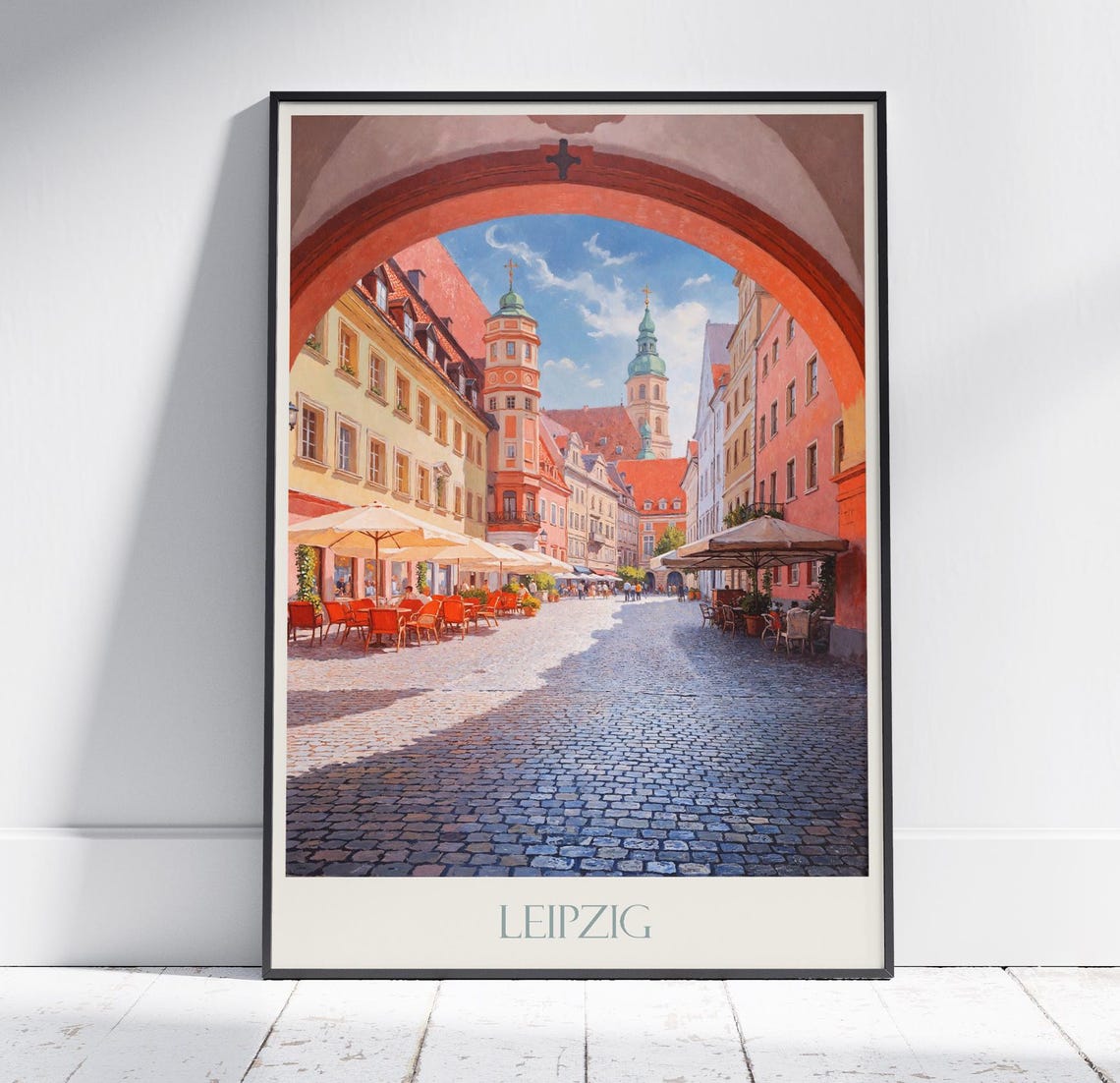 Leipzig Germany Old Town Cobblestone Square Archway Travel Poster