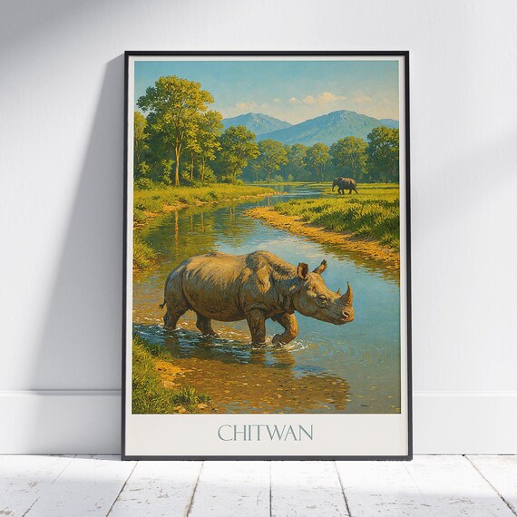 Chitwan Rhino Crossing River Wildlife National Park Nepal Travel Art Poster