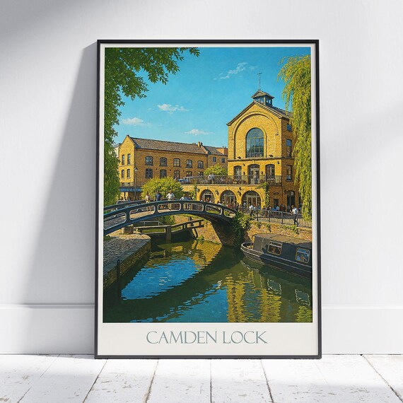Camden Lock London Travel Poster of Regent's Canal Bridge Scene