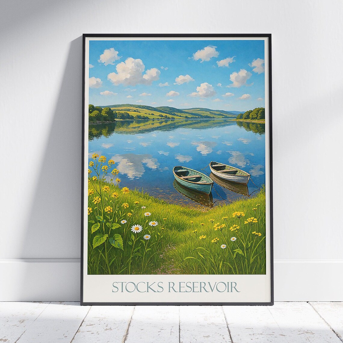 Stocks Reservoir Lake Boats Wildflower Shore Vintage Travel Poster