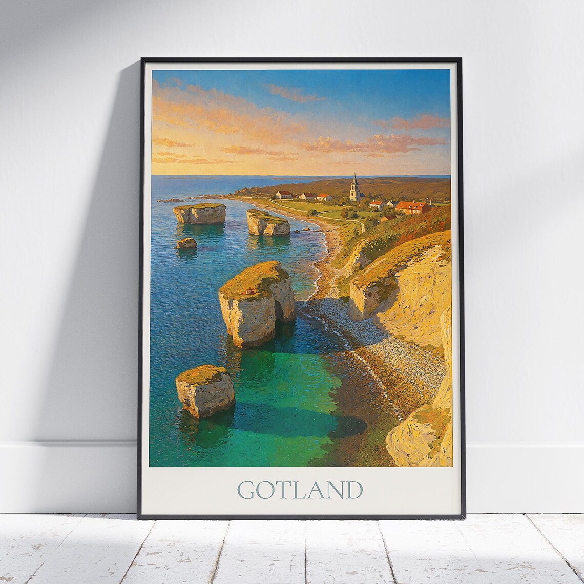 Gotland Sweden Sea Stacks Sunset Turquoise Coast Vintage Travel Poster
