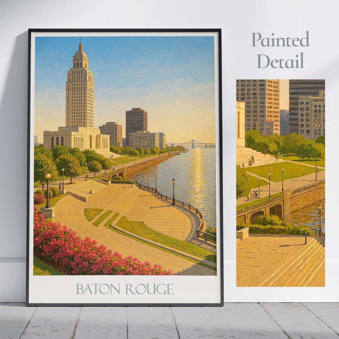 Baton Rouge Louisiana Sunset Riverfront Steps Flowers Painted Poster