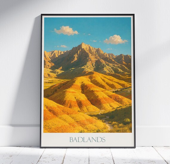 Badlands National Park Golden Peaks Vintage Painted Travel Poster