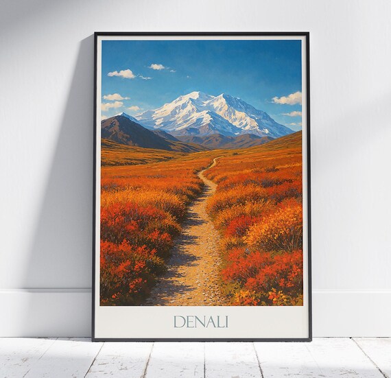 Denali Alaska Autumn Tundra Trail Snowcapped Peak Vintage Travel Poster