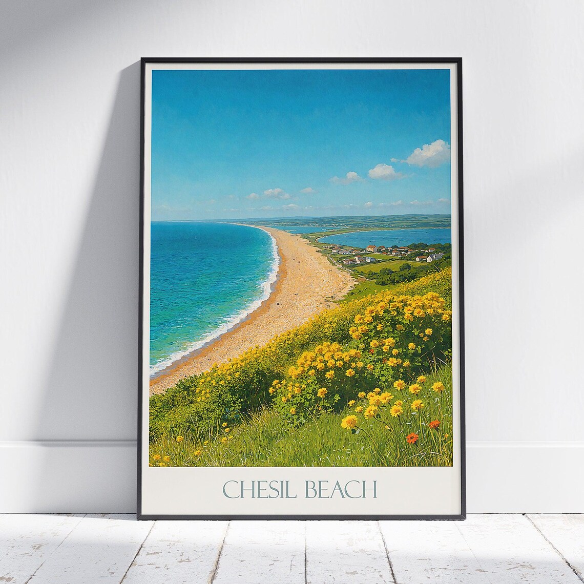 Chesil Beach Dorset Travel Poster Coastal Shoreline Flower Art Poster
