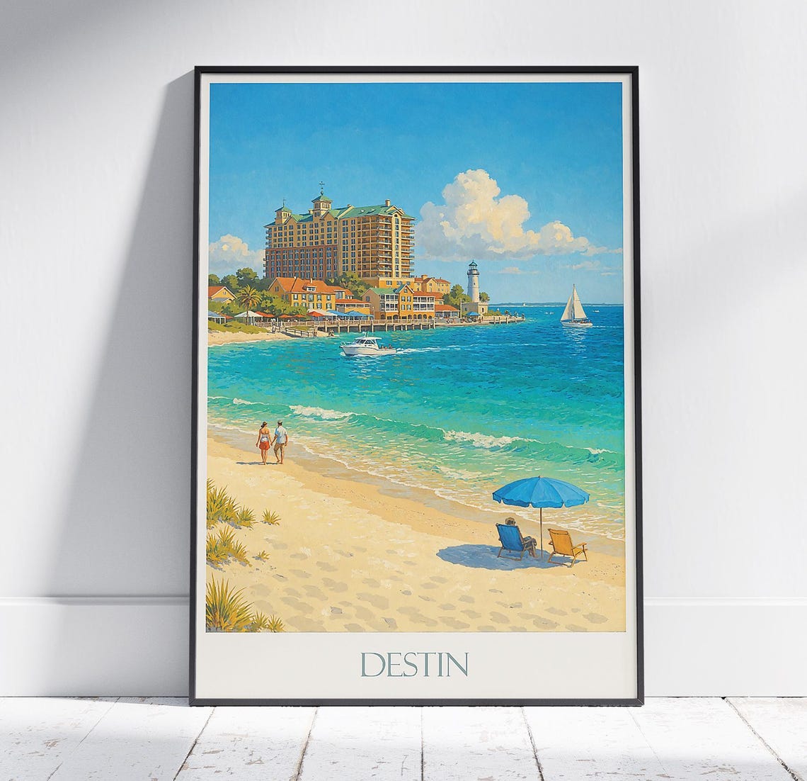 Destin Florida Emerald Coast Harbor Beach Scene Vintage Poster