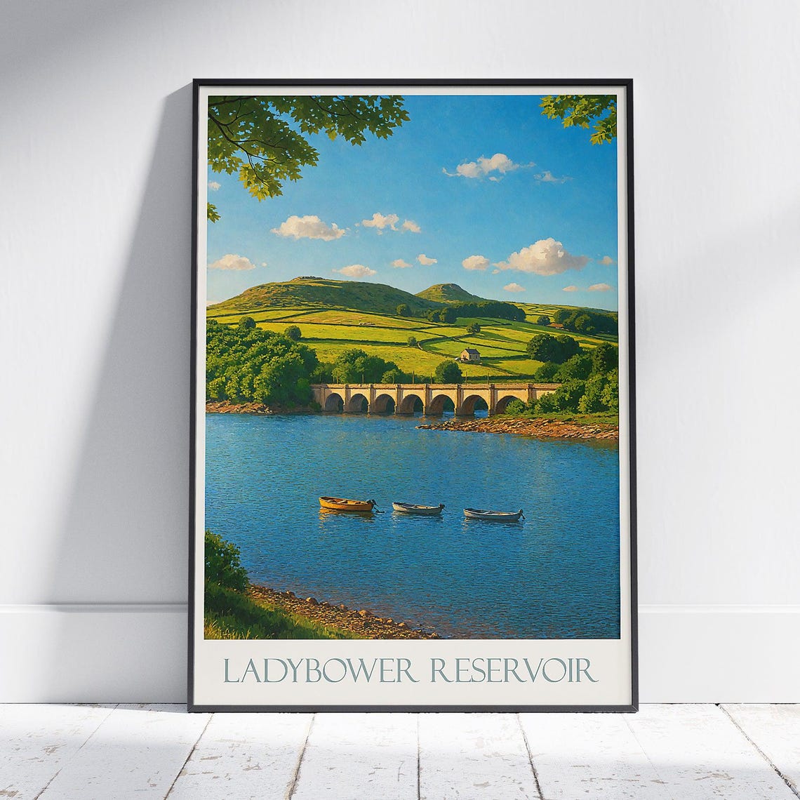 Ladybower Reservoir Peak District Viaduct Boats Travel Poster