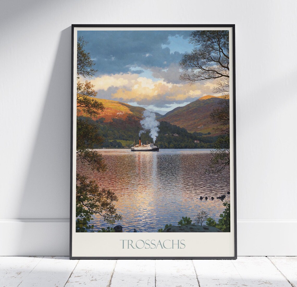 Trossachs Steamboat Loch Sunset Golden Scotland Travel Poster Art