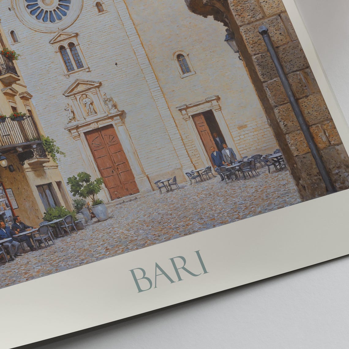 Bari Italy Painted Church Square With Rose Window And Cafes Poster - Image 3