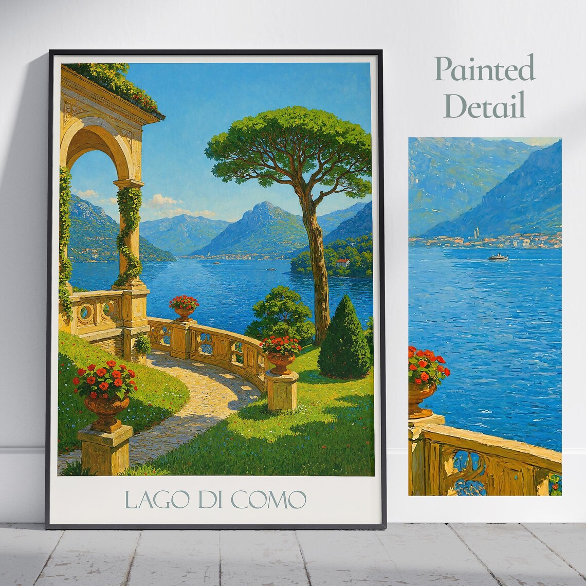Lago di Como Italy Villa Terrace Lake View Painted Travel Art Poster