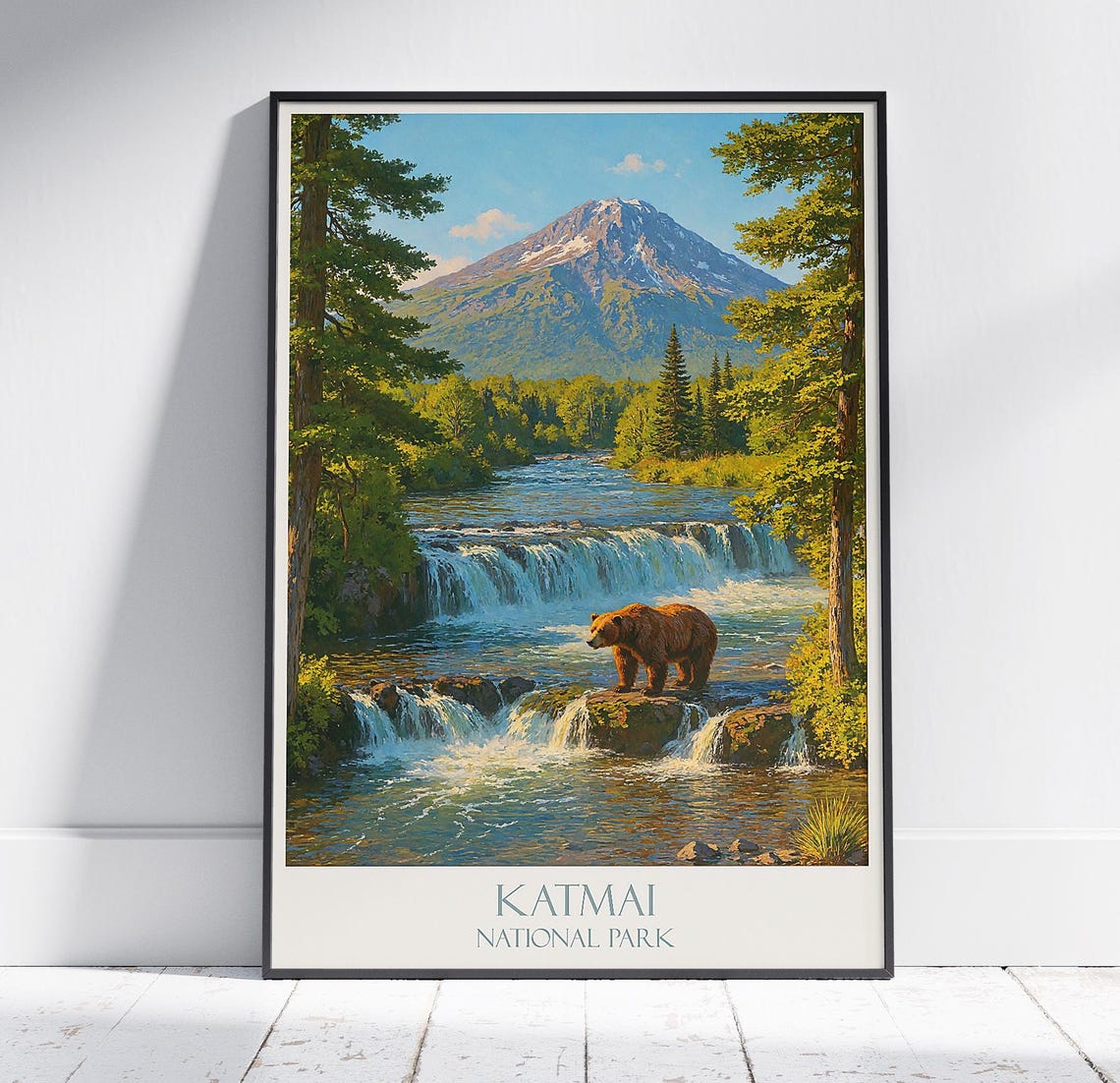 Katmai National Park Brown Bear Waterfall Fishing Scene Vintage Poster