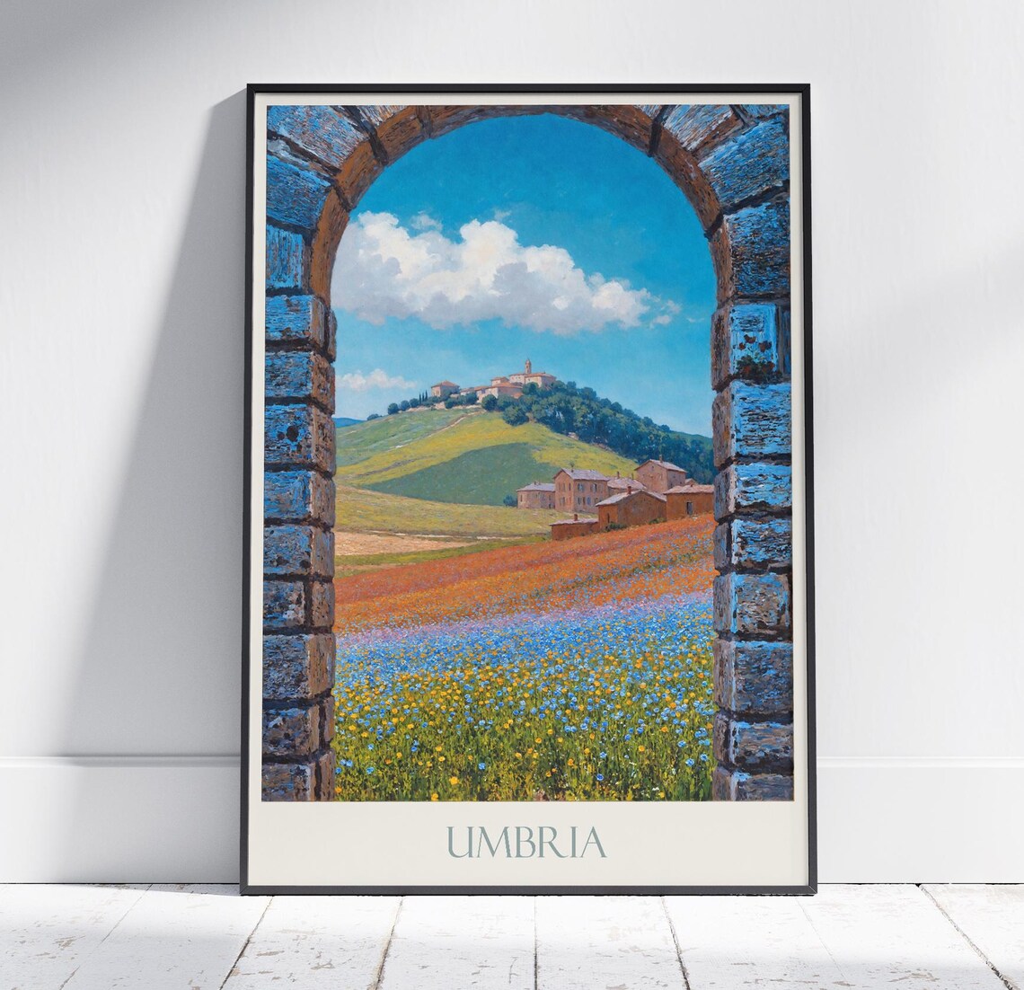 Umbria Italy Wildflower Meadow Arch Hilltop Village Painted Poster