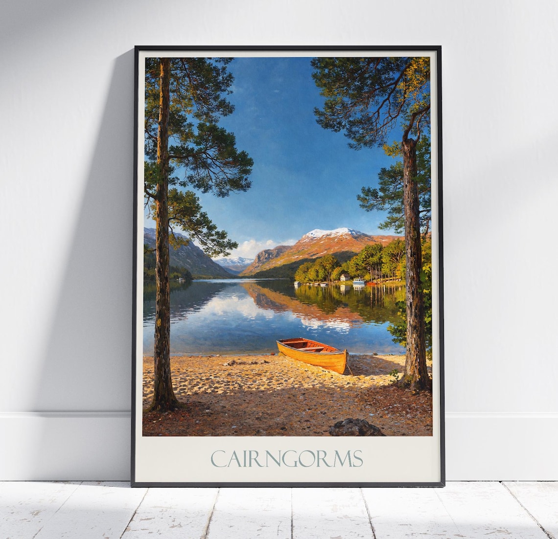 Cairngorms Scotland Loch Boat Snow Mountain Pines Travel Poster