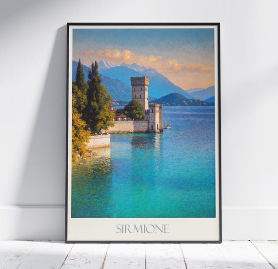 Sirmione Travel Print Lake Garda Italy Travel Poster Painted Wall Art Home Decor Framed Personalized Print Vacation Travel Gift