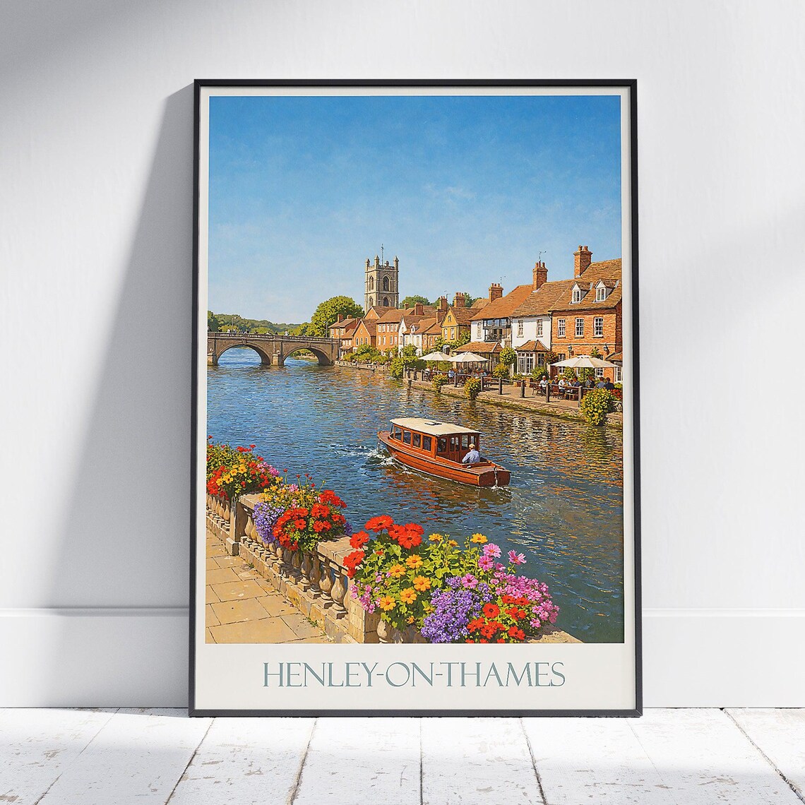 Henley-on-Thames Riverside Bridge Boats Flower Gardens Travel Poster