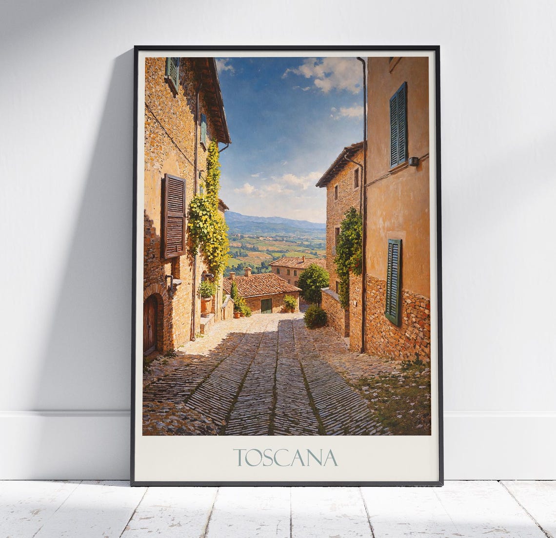 Tuscany Cobbled Village Street Stone Italy Painted Travel Poster