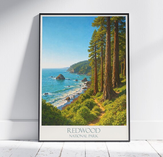 Redwood National Park Ocean Coastline Beach Trail Vintage Travel Poster