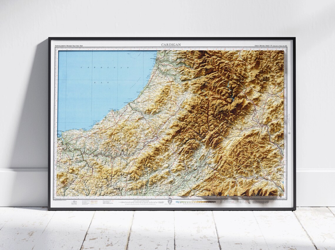 Cardigan Wales Flat 2d Shaded Map Vintage Atlas Style Print Poster Wall Art Decor