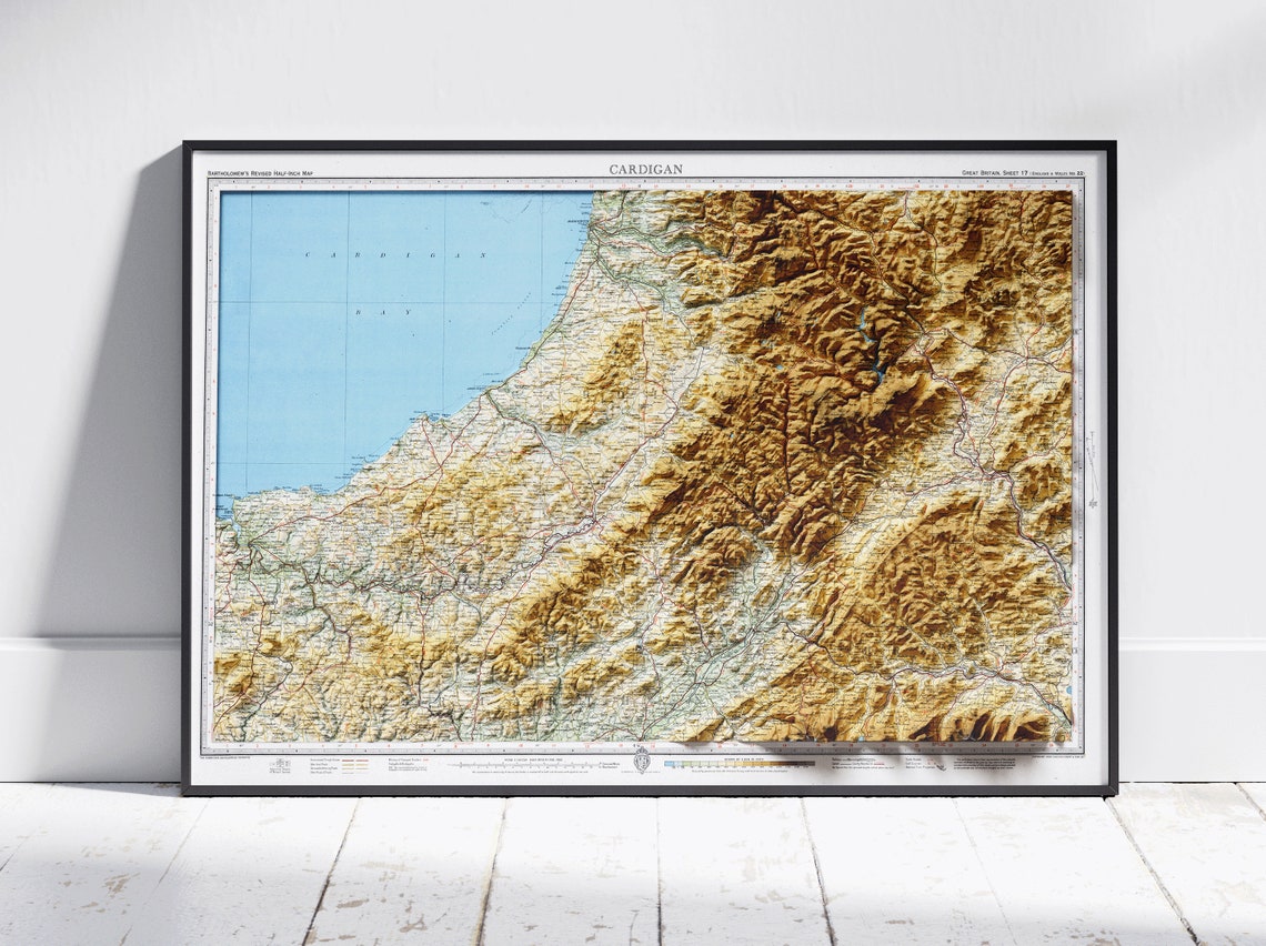 Cardigan Wales Vintage Relief Map Print Cardigan Bay Coastline Art