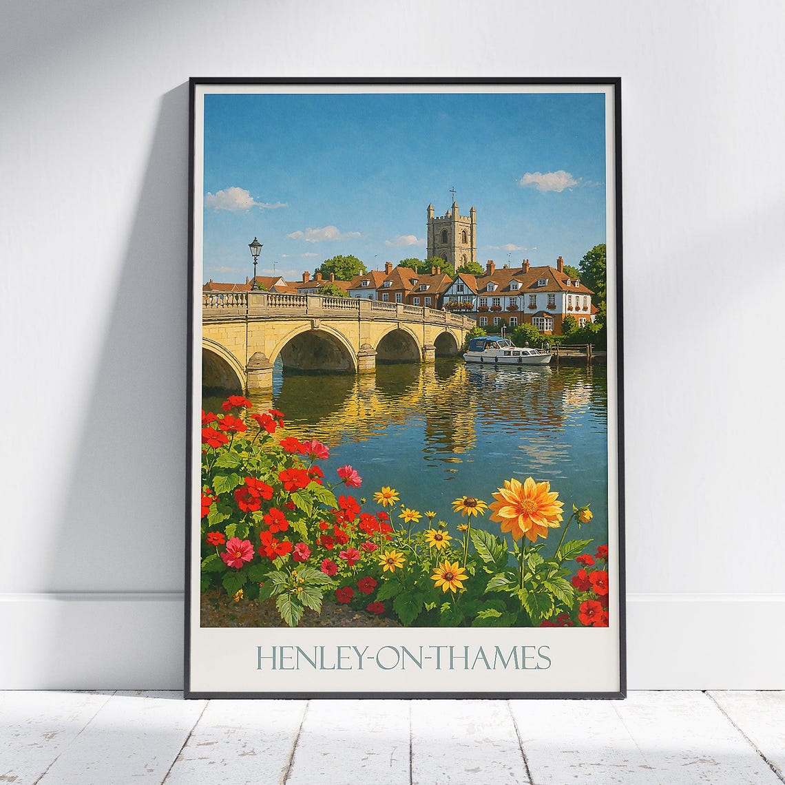 Henley on Thames England Stone Bridge Red Flowers Travel Poster
