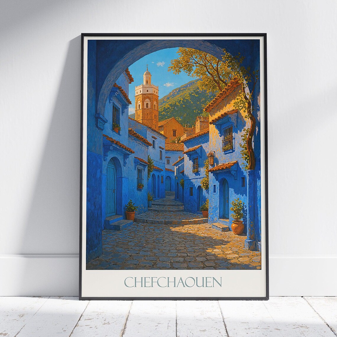 Chefchaouen Blue City Medina Archway Morocco Vintage Travel Poster