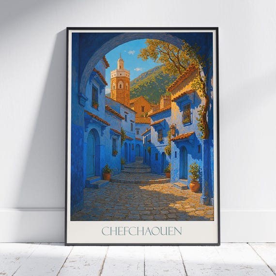 Chefchaouen Travel Poster Blue City Morocco Moroccan Wall Art Print Home Decor Vibrant Medina Alleyway