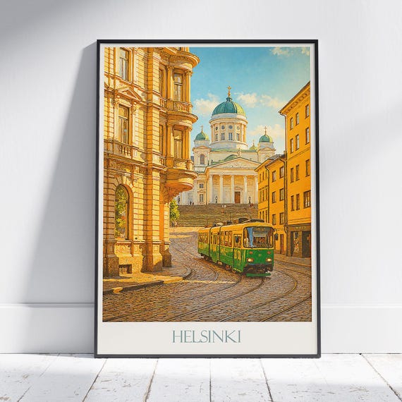 Helsinki Travel Poster Cathedral Tram Art Print Finland Cityscape Wall Nordic Home Decor Scandinavian Gift