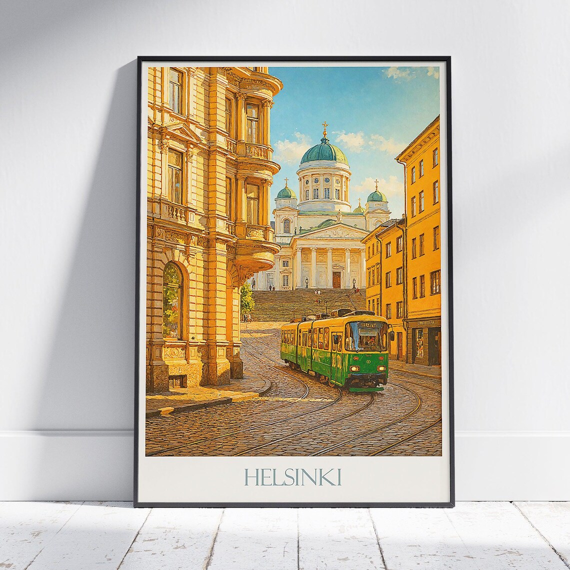 Helsinki Finland Cathedral Green Tram Vintage Travel Art Poster