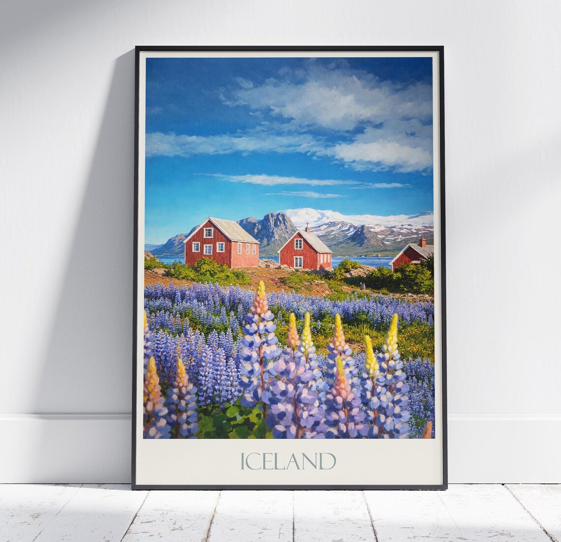 Iceland Red Cabins Lupine Field Mountain Painted Travel Poster