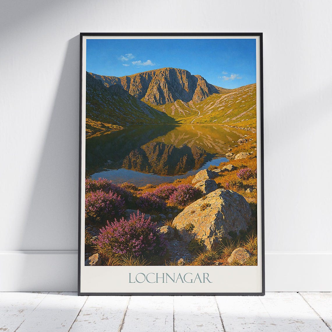 Lochnagar Mountain Lake with Heather Reflection Scotland Travel Poster
