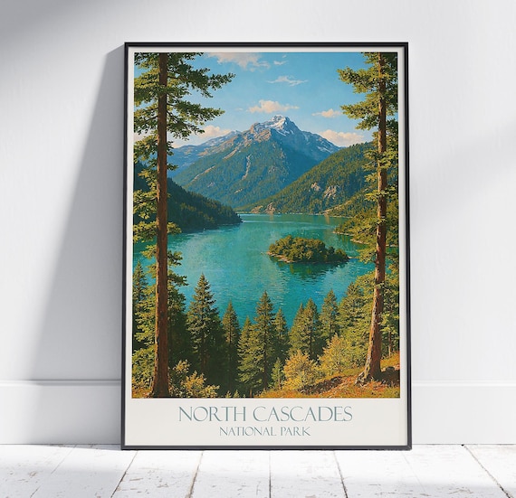 North Cascades National Park Turquoise Lake Island Alpine Travel Poster
