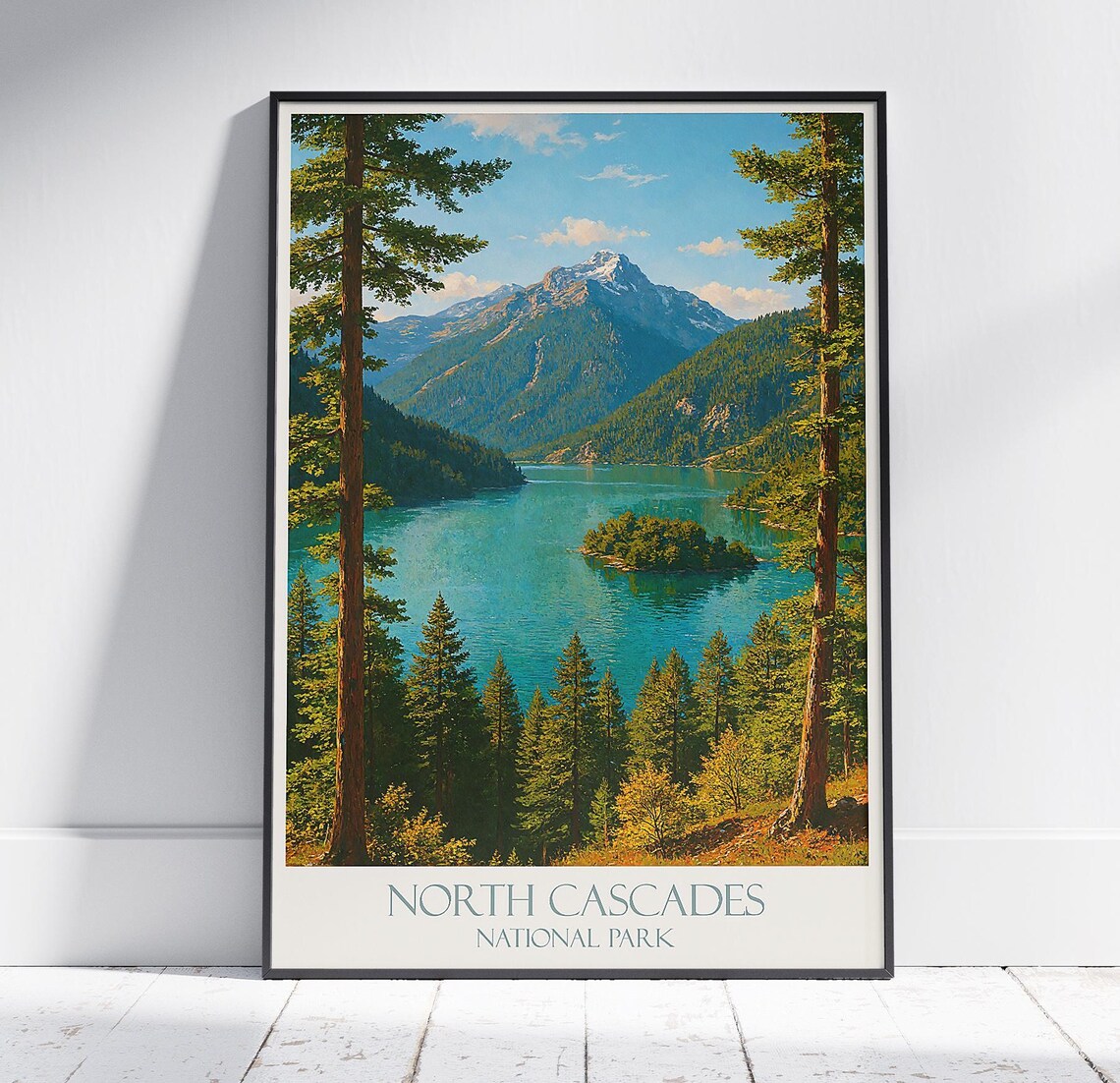 North Cascades National Park Turquoise Lake Island Alpine Travel Poster