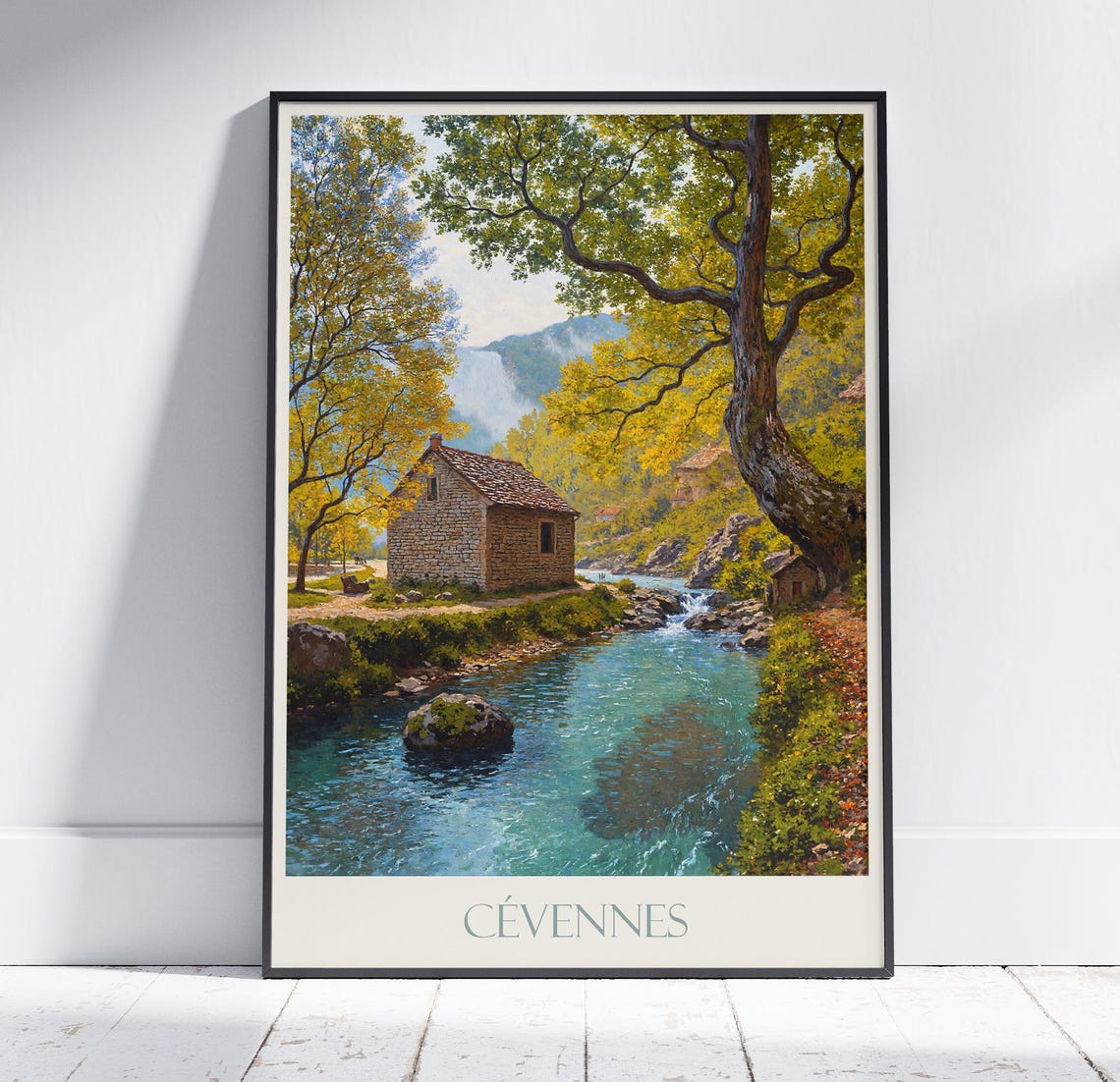Cevennes France Stone Cottage River Autumn Valley Travel Poster