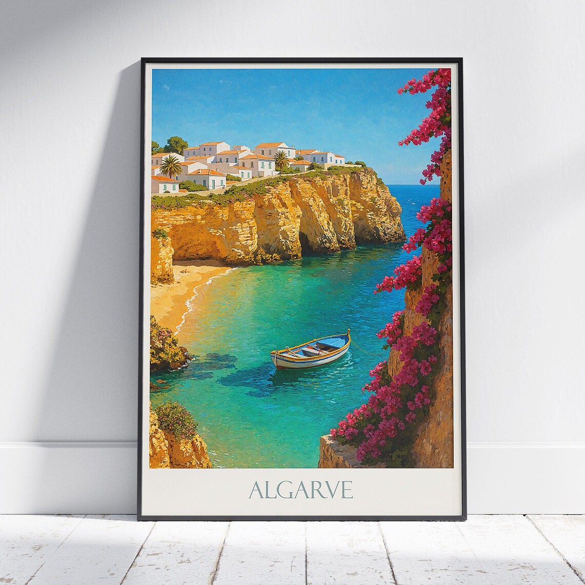 Algarve Cliff Cove Whitewashed Village Turquoise Beach Travel Poster