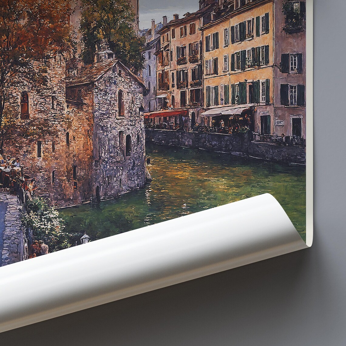 Annecy France Painted Canal Cafes And Church Spire Evening Poster - Image 3